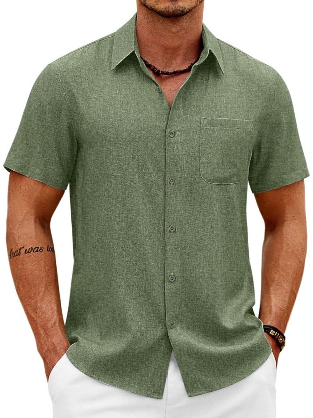 Men's Army Green Short Sleeve Casual Summer Beach Linen Button Down Shirts